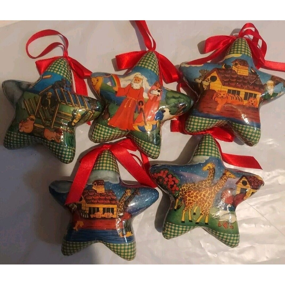 Vtg Paper Mache Star Ornaments Noahs Ark Set‎ Of 5